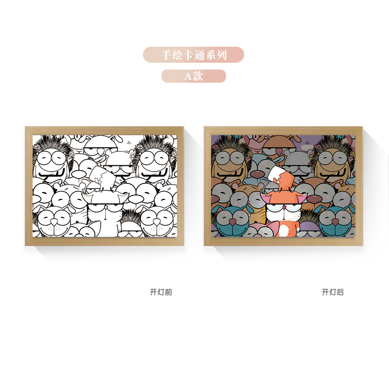 Tres colores TikTok popular pintura ligera de dibujos animados dormitorio noche pintura luminosa marco de fotos de madera maciza creativo bricolaje fabricante