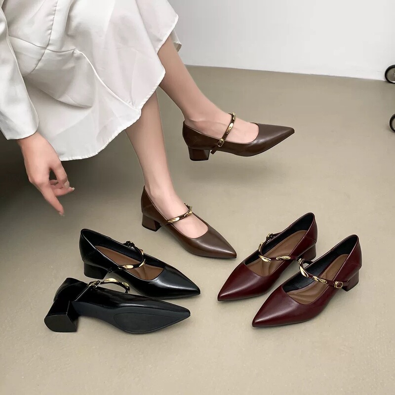 French Retro-Style Brown High-Heeled Shoes for Women with Chunky Heels That Are Comfortable, Featuring Small Gold Buckle Straps, Mary Jane Square-Toe Soft Leather Shoes French Retro-Style Brown High-Heeled Shoes for Women with Chunky Heels That Are Comfortable, Featuring Small Gold Buckle Straps, Mary Jane Square-Toe Soft Leather Shoes