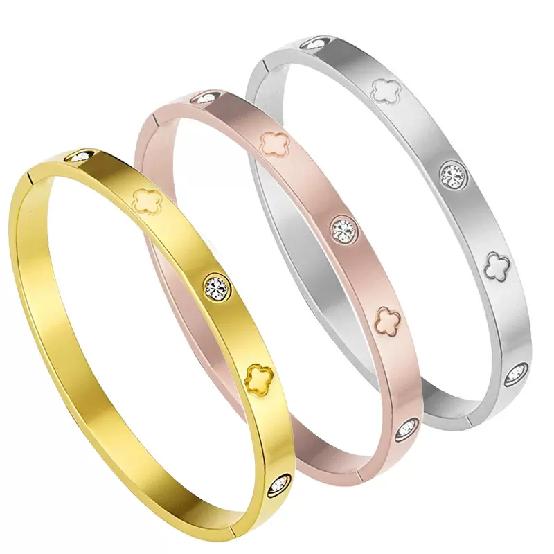 欧美热销手饰4钻爱心手镯女小众高级感百搭镶钻四叶草镀银手镯子