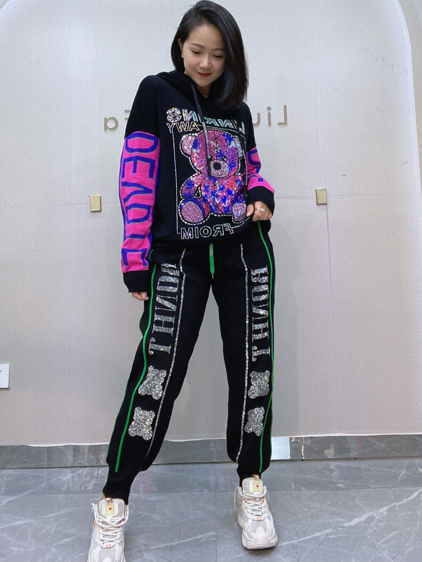 Traje de talla grande otoño nuevos pantalones de manga larga de dos piezas de mujer Comercio exterior transfronterizo Material de punto de mujer entrega de una pieza