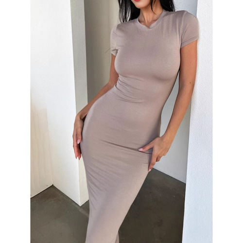 Cross-border Amazon European and American women's clothing 2025 spring and summer foreign trade solid color package hip temperament slim short sleeve fashion dress
