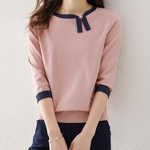 2025春秋 女式T恤新款撞色设计感不对称针织衫七分袖套头女针织衫