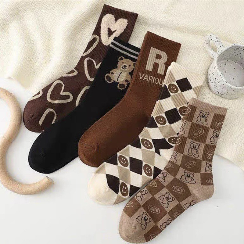 Socks women's mid-tube socks autumn and winter stockings women's feather yarn plush brown bear love smiling face net red socks ladies