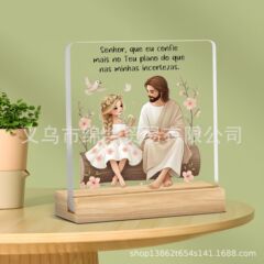 跨境创意新款亚克力装饰摆件正方形节日家居摆台带木质底座现货发