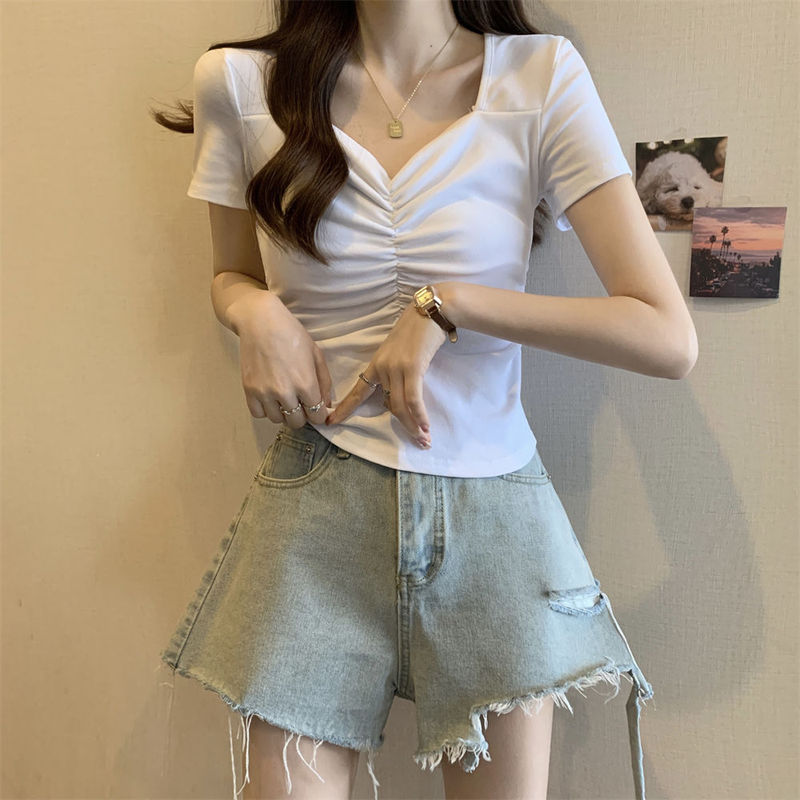 辣妹正肩短袖t恤夏季紧身方领短款修身女高腰露脐褶皱大领口上衣t|undefined