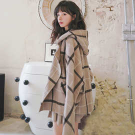 木瓜牛奶春秋季新品韩版气质宽松大码复古格子连帽双排扣毛呢外套
