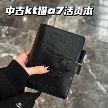 中古kitty猫黑色皮质a7活页手账本高颜值手工便携笔记本日记事本