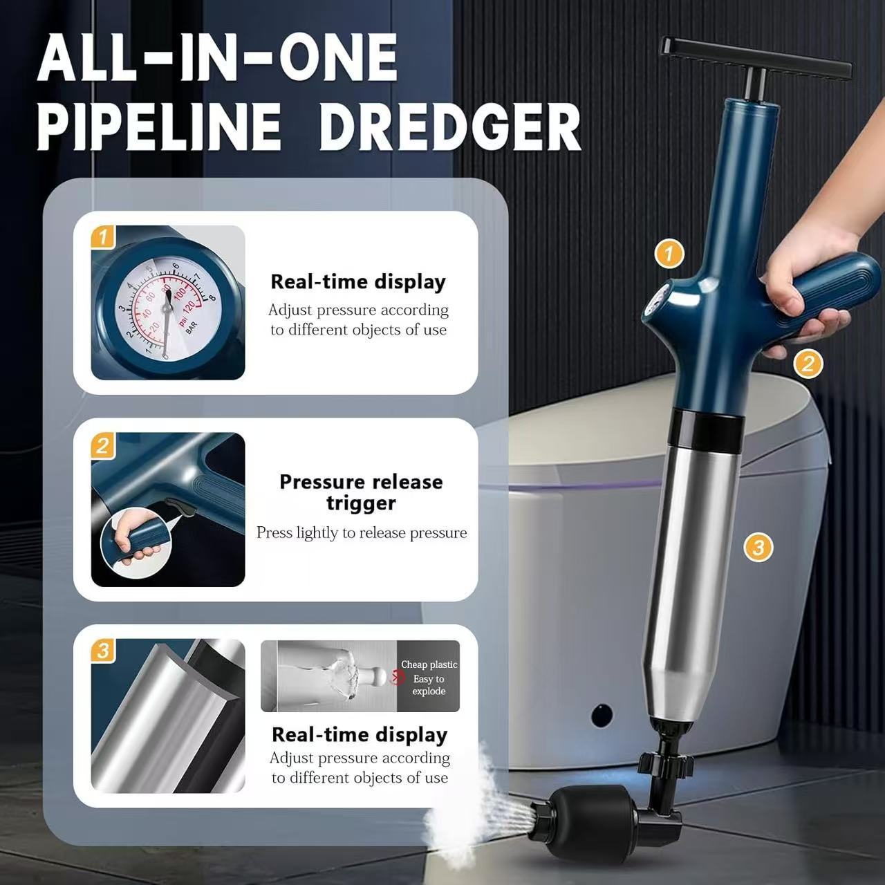 Stainless Steel High Pressure Air Toilet Plunger, Multifunctional Powerful Manual Pipe Unclogger Cleaning Tool For Bathroom Toilet Kitchen Floor Drain_voghion.com