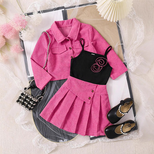 Foreign Trade Cross-border European and American Spring and Autumn New Fashionable Girl's suit Long-sleeved Jacket Printed Three-piece Set with Pleated Skirt