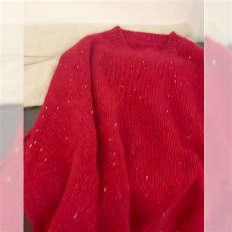 树莓色星空圆领毛衣女秋冬款软糯宽松设计感加厚内搭亮片针织上衣|undefined
