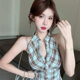 格子挂脖吊带背心女外穿夏季泰式小众甜辣妹v领抹胸上衣绝美衬衫