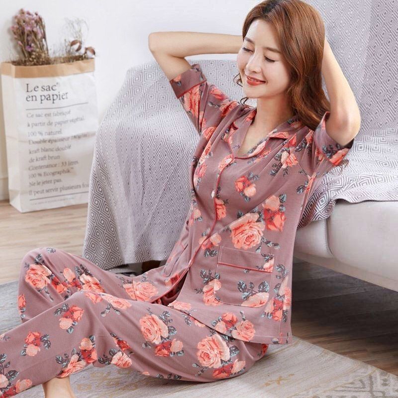 Pijamas de las mujeres de algodón de verano de manga corta pantalones más traje de tamaño de mediana edad y anciano madre ropa de casa Primavera, Otoño e Invierno