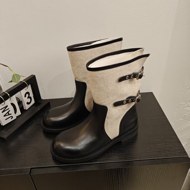 First-Layer Cowhide Leather and Canvas Patchwork Vintage Martin Boots for Women, 2026 Summer Versatile Western Cowboy Boots, Round-Toe Riding Boots