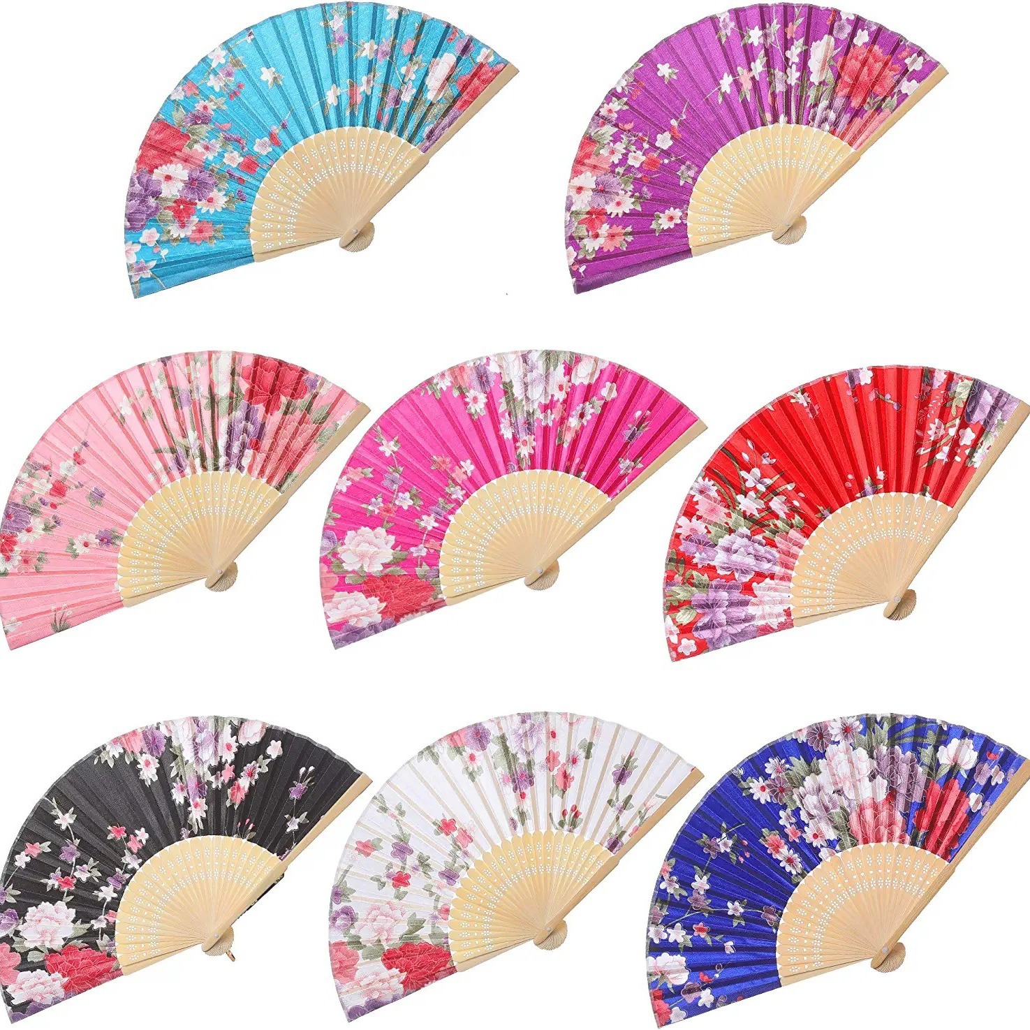 Amazon mango de bambú estilo chino ventilador de seda de las mujeres plegable ventilador de Relaciones Exteriores regalo artesanía ventilador de bambú estilo japonés