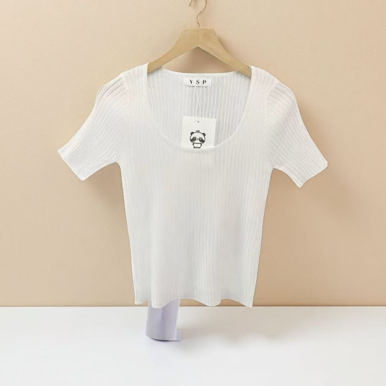 Yi Mengling's Same Style White Sexy Large Round Neck Elastic Slim Fit Lightweight Breathable Knitwear Short-Sleeved Top for Women