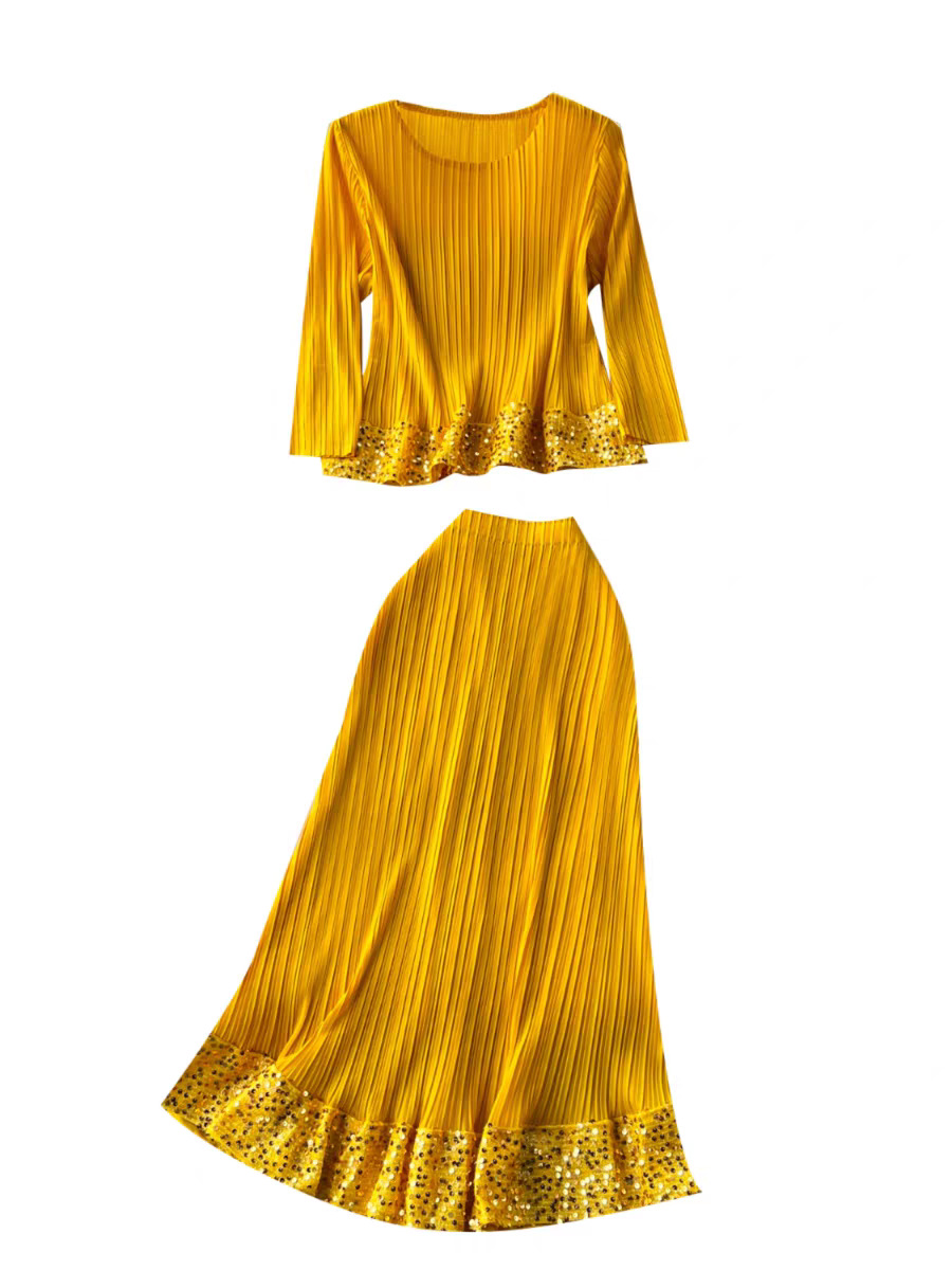 Women's high end stylish round neck three quarter sleeve sequin embroidered pleated top + high waist drape skirt suit_voghion.com