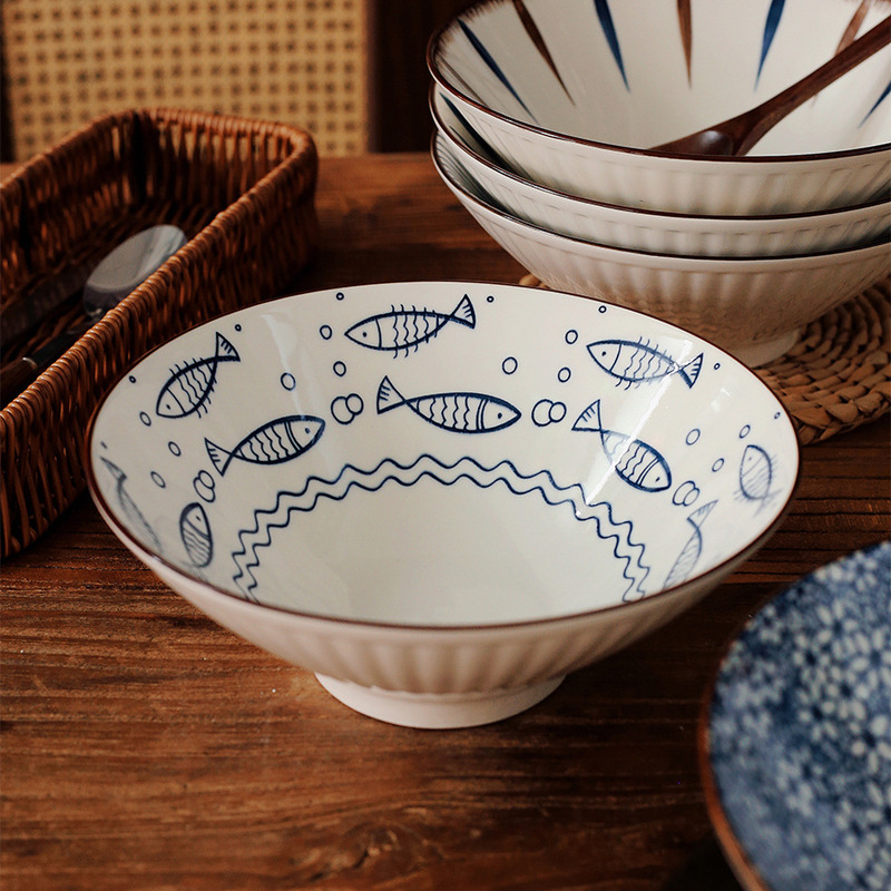 Japanese-style Ceramic Ram Noodle Bowl Household 8-inch Large Bowl Horn Bowl Fruit Bucket Bowl Noodle Bowl for Shop