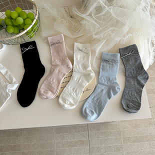 Korean Girl's Exquisite silver Bow Socks Women's Spring and Summer Thin Hollow Mesh Breathable Japanese Stacked Socks