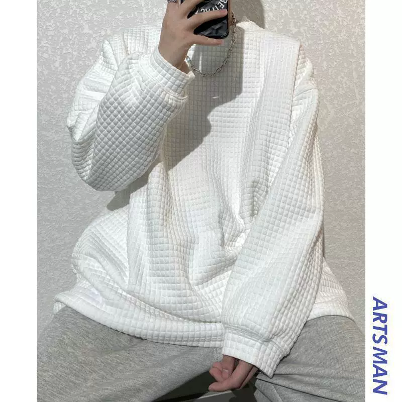 Гонконгский стиль литературный мужской вафли с длинными рукавами футболка осенняя тонкая корейская версия тренда рыхлый свитер с круглым воротником