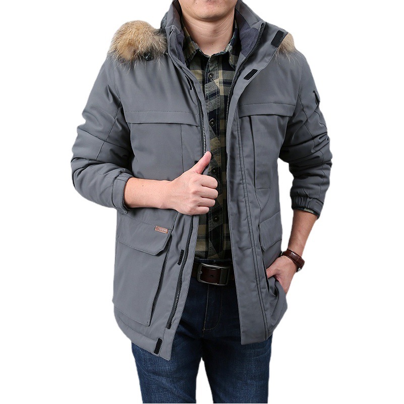 Transfronterizo especial para el otoño y el invierno de los hombres de algodón acolchado Abrigo con capucha de longitud media de negocios herramientas de lana forrada engrosada con cuello de piel