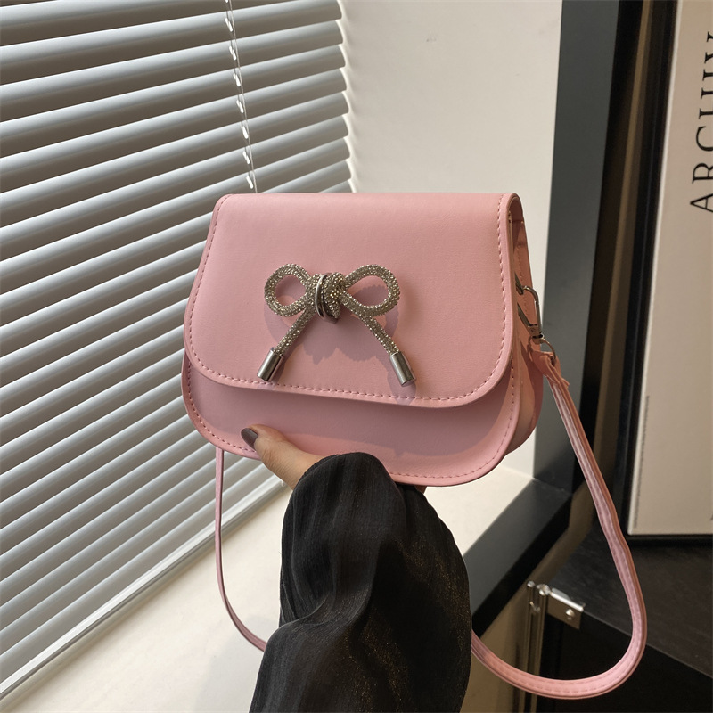 2024 otoño color sólido lazo estilo occidental rhinestone lazo casual moda mensajero de un solo hombro bolso cuadrado pequeño para mujer