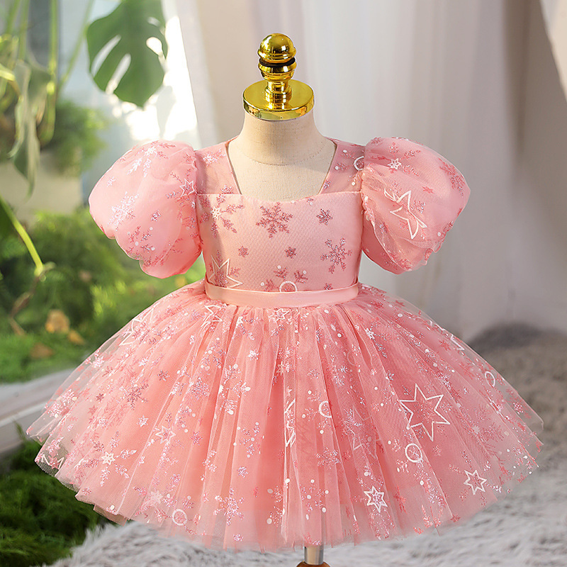 Girls' Spring, High-end Children's Pink Flower Girl For Weddings, Little Girl's First Birthday Princess Dress, Piano_voghion.com