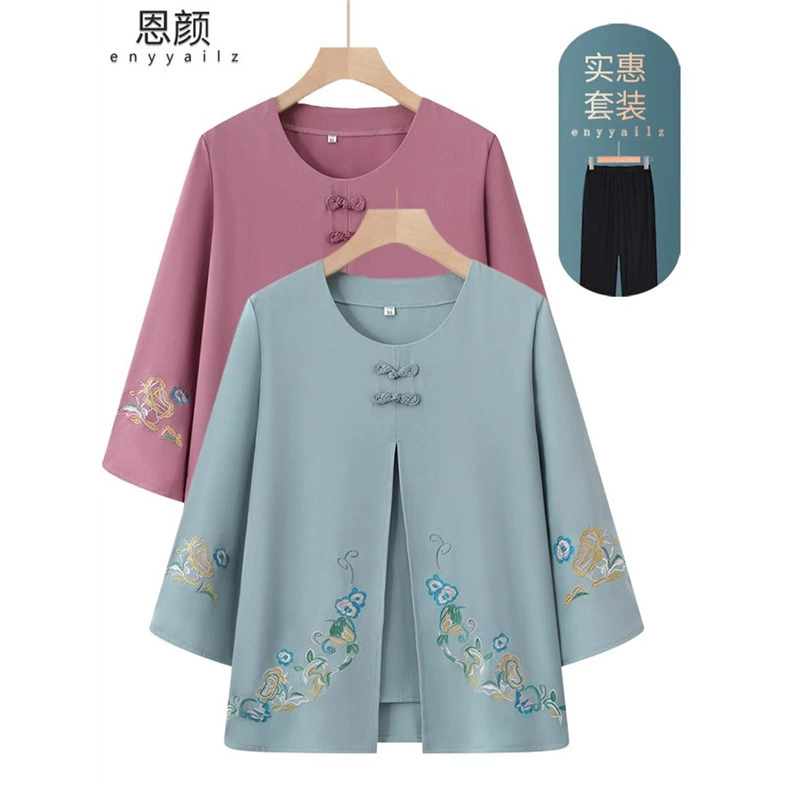 Весенний наряд бабушки в китайском стиле, рубашка с рукавом три четверти, элегантный костюм Тан, топ для мам среднего и пожилого возраста, летняя тонкая рубашка в национальном стиле