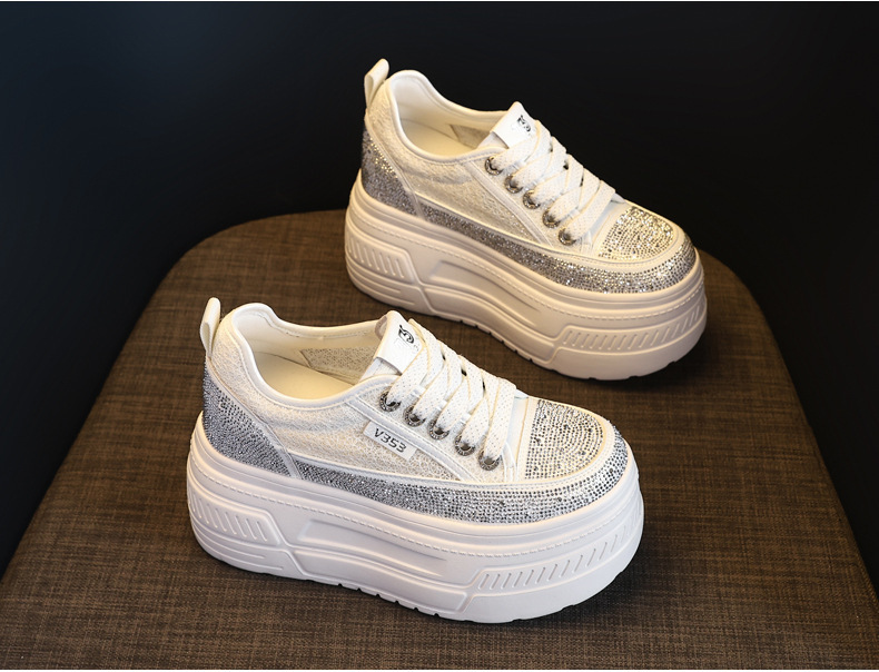 Giày sneaker nữ đế dày tăng chiều cao, phối đá rhinestone trắng, phong cách thể thao — màu trắng chi tiết 5