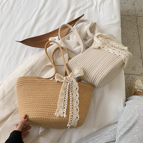 Straw bag women's  new summer Internet celebrity large capacity bucket bag beach vacation woven shoulder handbag