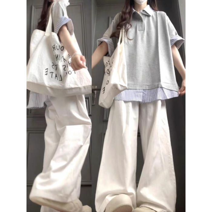 美式复古假两件拼接翻领短袖t恤女夏2025新款宽松减龄百搭上衣ins|undefined