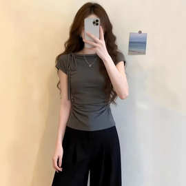 大码胖MM韩系正肩设计感短袖T恤女夏季新款绑带修身显瘦别致上衣
