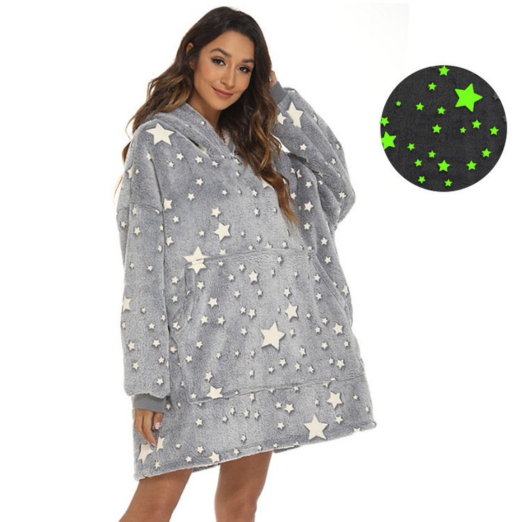Cross-Border Gray Five-Pointed Star Luminous Lazy Blanket Flannel Sherpa Blanket Casual Hooded Sweatshirt