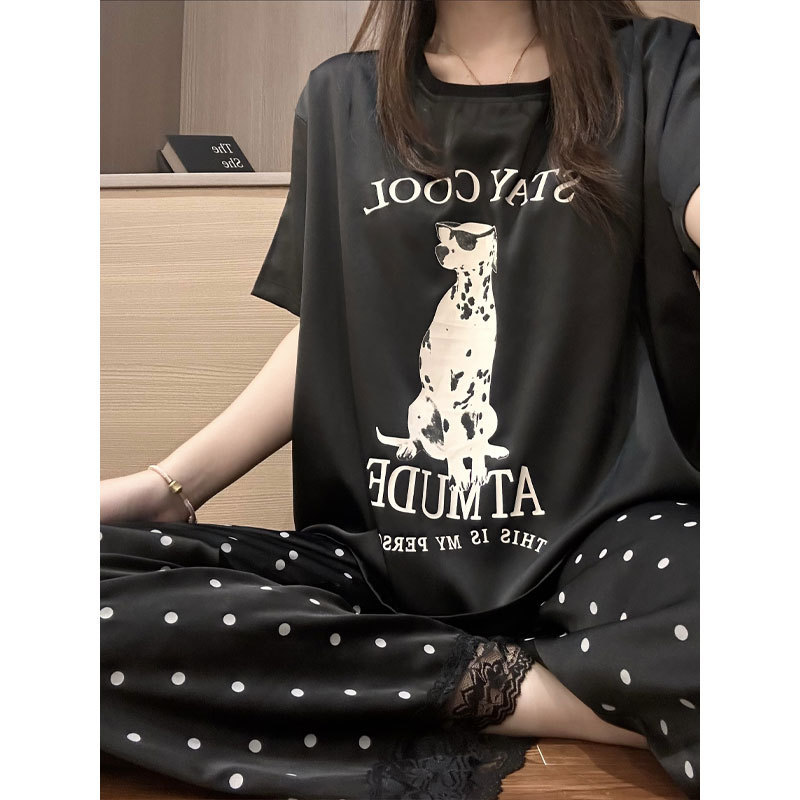 韓国版甘くてクールな子犬プリント水玉半袖パジャマ女性の夏の新しいカジュアルズボン大きいサイズのホームウェアセット|undefined