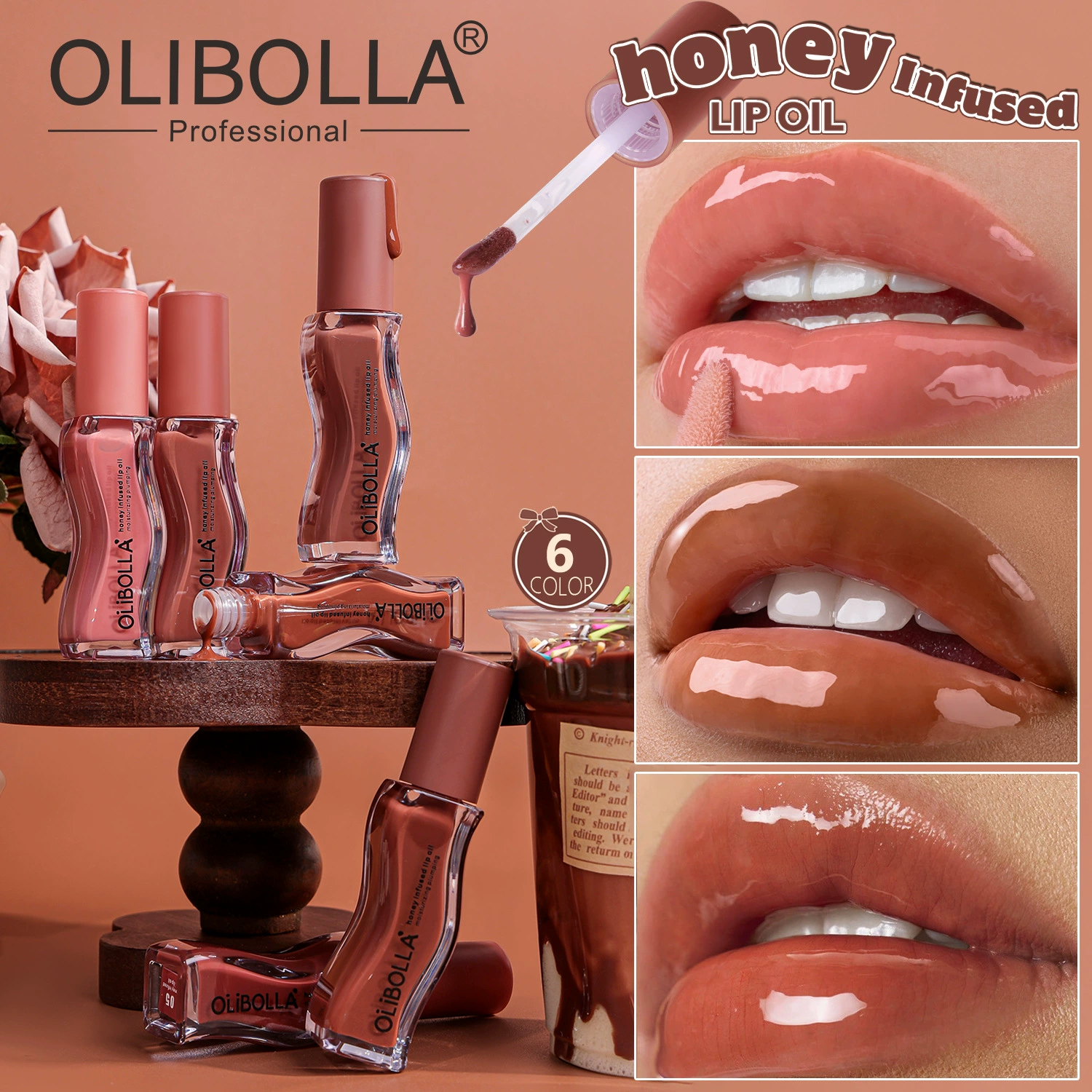 Блеск для губ OLIBOLLA, зеркало-эффект, питательное масло, интенсивное увлажнение, 6 оттенков