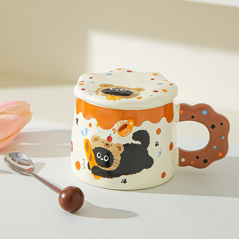 带盖可爱套装卡通小黑猫杯子高颜值情侣陶瓷杯水杯马克礼品伴手礼|undefined