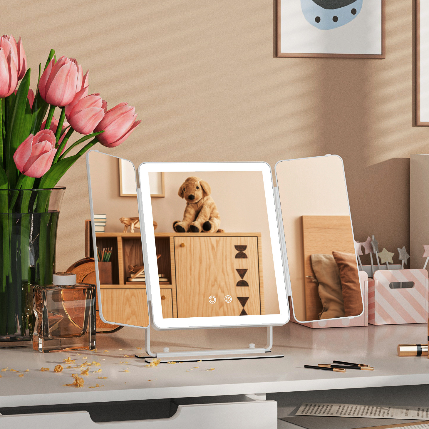 Espejo de maquillaje con luz, espejo triple de celebridades de Internet, espejo plegable de escritorio grande, espejo de tocador portátil con luz de relleno led