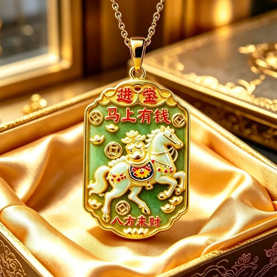 Treasure of Fortune and Peace Square Pendant - Instant Wealth Pendant, Enamel Colored Golden Horse, New Chinese Style, Unisex Pendant