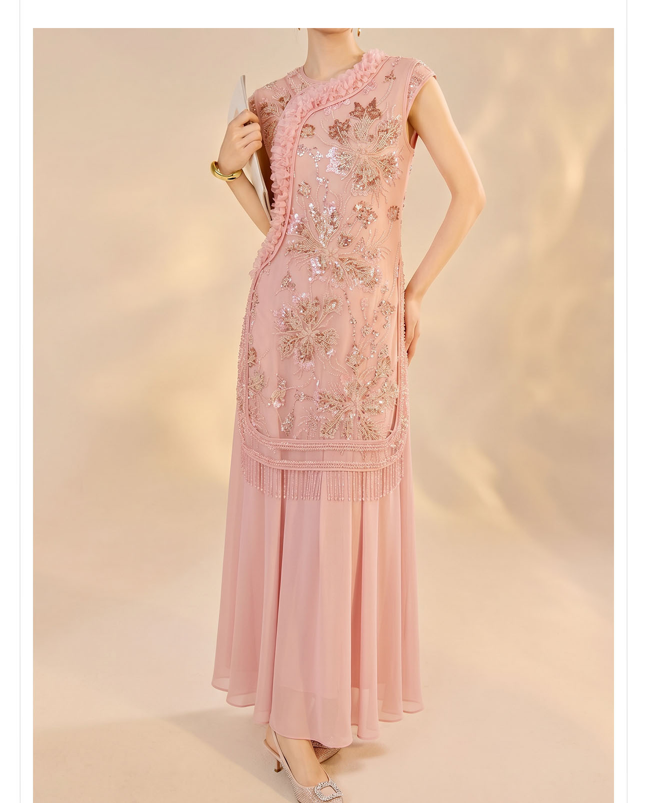Đầm maxi nữ thêu hoa cao cấp kiểu mới — màu hồng chi tiết 9