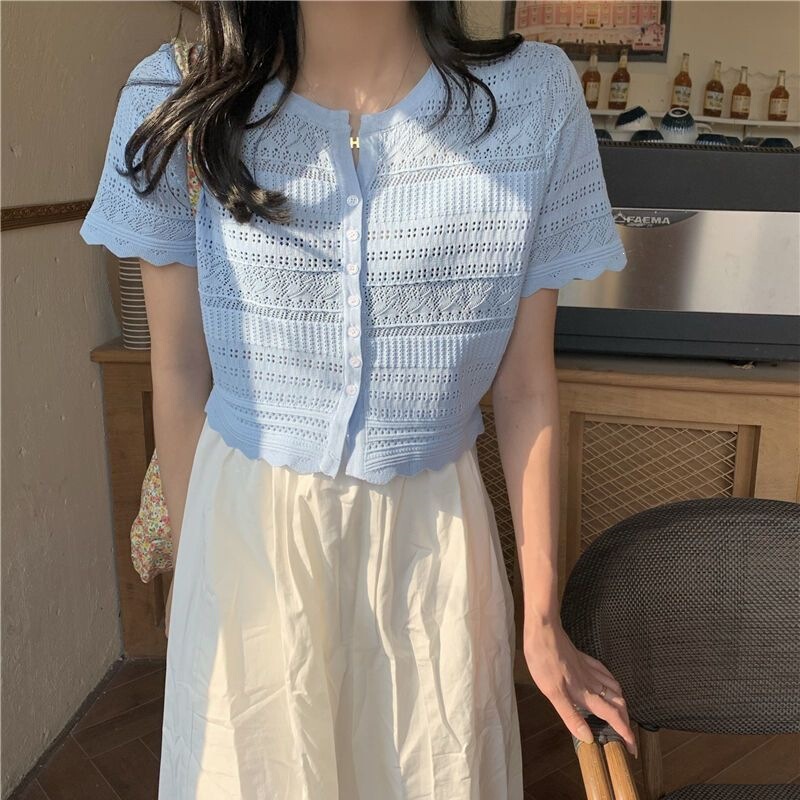 Chanel-Style Hollow-Out Thin Knit Short-Sleeve Women's Cardigan, Sweet and Fresh, Slightly Sheer, Single-Breasted, Lace Trim, Trendy for Summer 2026