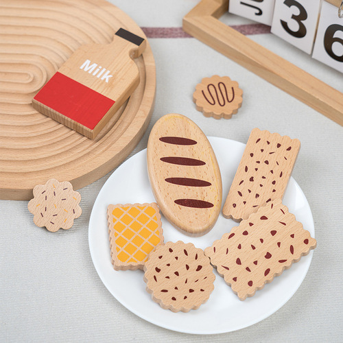 New children's beech fishing building blocks puzzle simulation play house afternoon tea milk biscuit set wooden toy