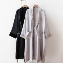 男士重磅真丝拼接丝绒双层睡袍春秋款桑蚕丝高级感丝绸长袖男女款