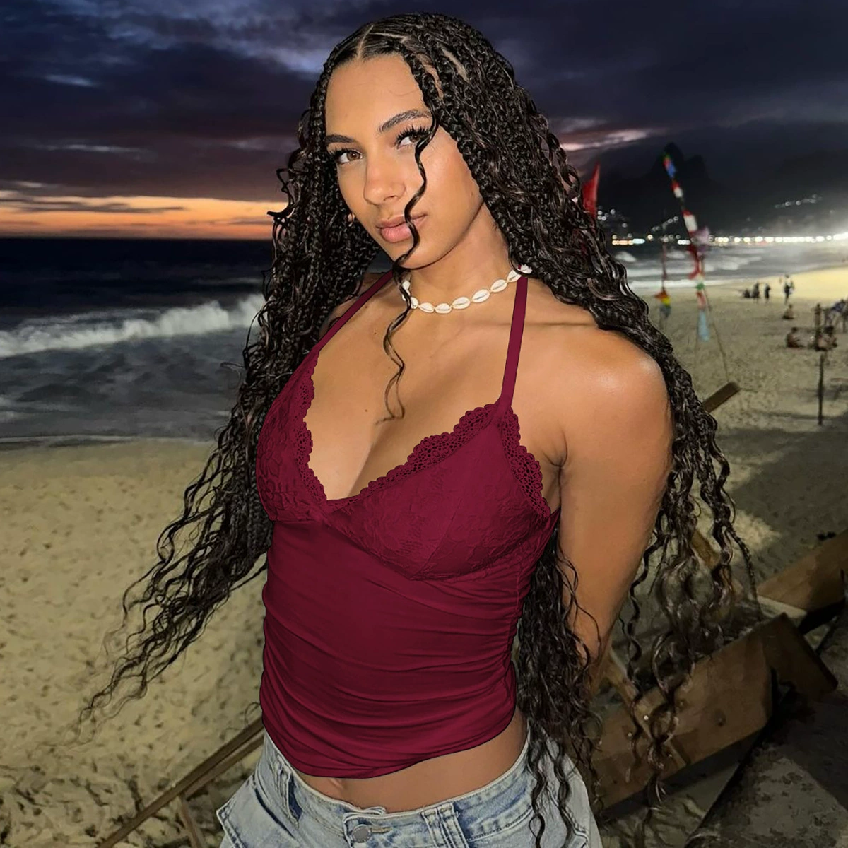 Европа и США горячая женская одежда 2024 осень новая мода сексуальная кружева с шнуровкой без спинки жилет оптом