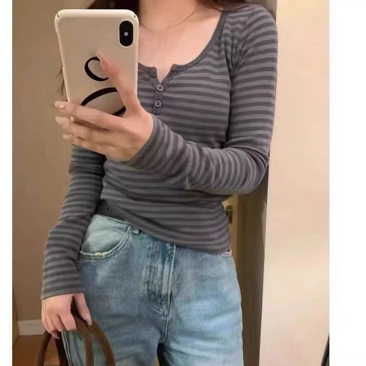 Новинка весна-осень BM, женская футболка с круглым вырезом и длинными рукавами в полоску с тремя пуговицами, приталенный Универсальный базовый топ для похудения