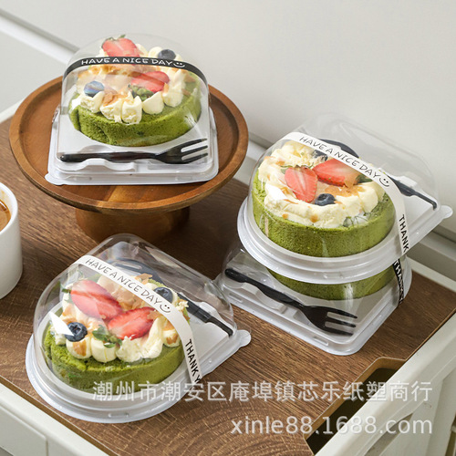 Individually Packaged Cake Roll Slices in a Swiss Roll & Tiger Skin Roll Box—Disposable, Japanese-Style Transparent Dessert Container with Fork