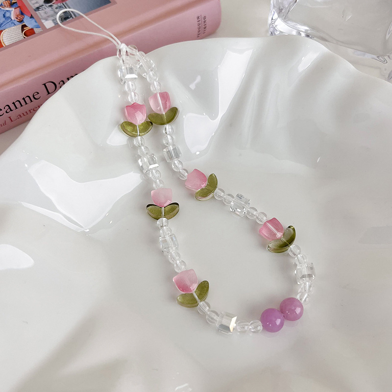 Nuevo dulce estilo ins tulipán flor con cuentas teléfono móvil cordón mujer pequeño libro rojo moda teléfono móvil cadena colgante