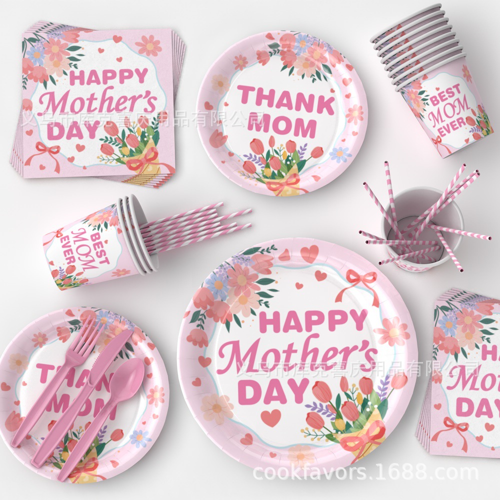 Día de la Madre Transfronterizo Floral Temática Fiesta cubiertos festivos bandejas de papel desechables tazas de papel toallas Set de decoración
