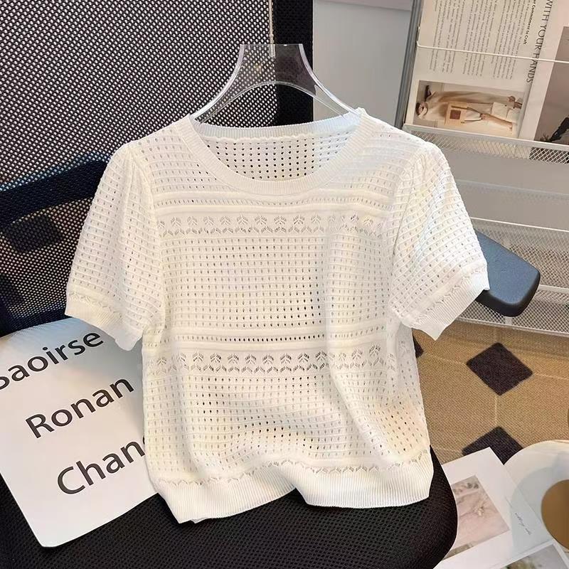 [Global Selection] Women's Ice Silk Knitted Short Sleeve T-Shirt, Thin Knit Pullover, Short Style for Summer
