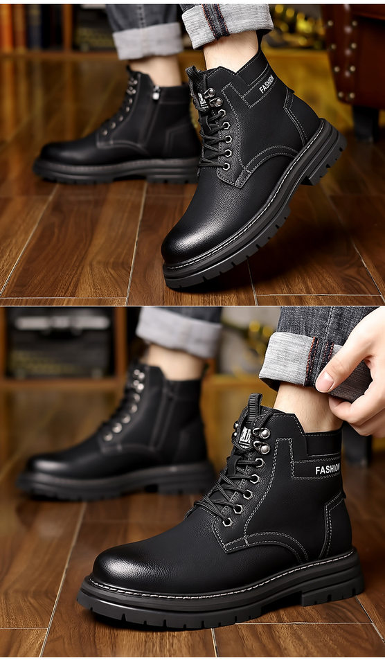 Giày bốt nam cổ cao lót lông giữ ấm kiểu Martin, gót 3-5 cm — QS666 cộng với nhung đen chi tiết 16