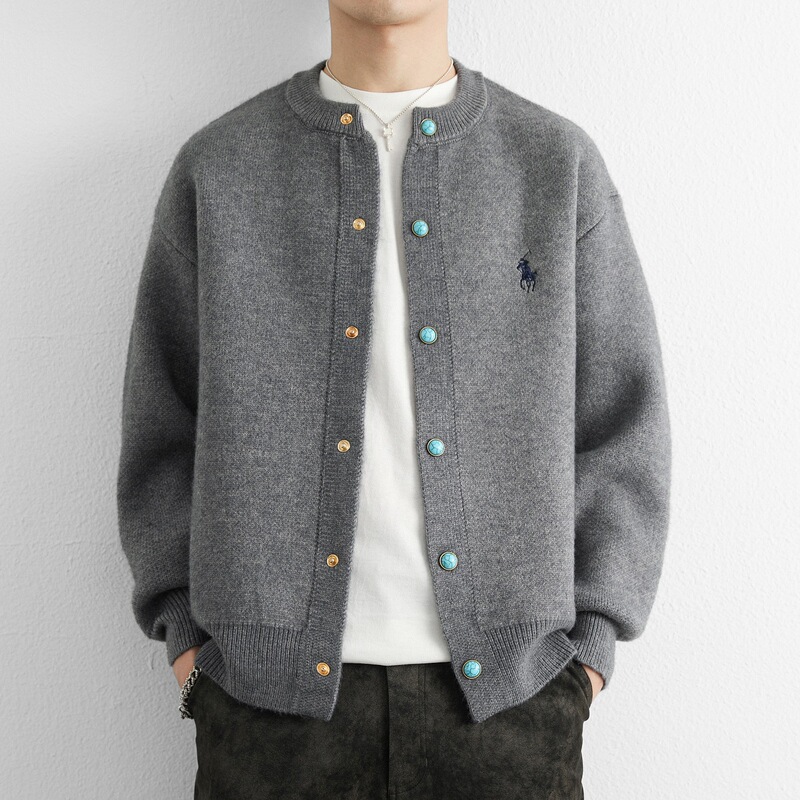 High-end knitted cardigan jacket for men, autumn and winter, American-style embroidered, casual loose fit, round-neck sweater jacket