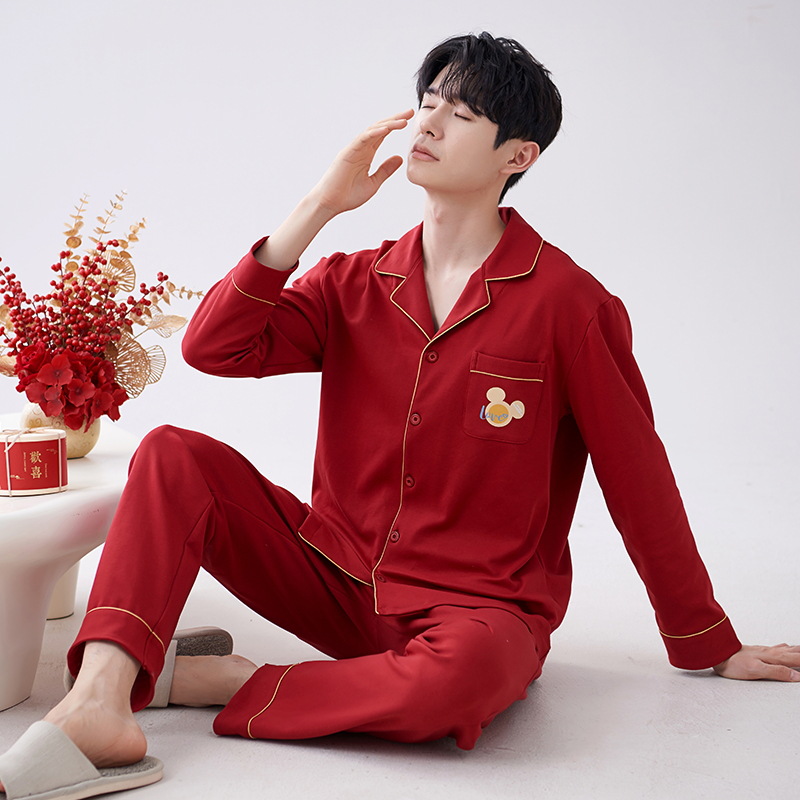 Pijamas primavera y otoño de los hombres de la boda festiva de algodón de manga larga ropa para el hogar año de nacimiento de los hombres rojos grandes más traje de tamaño